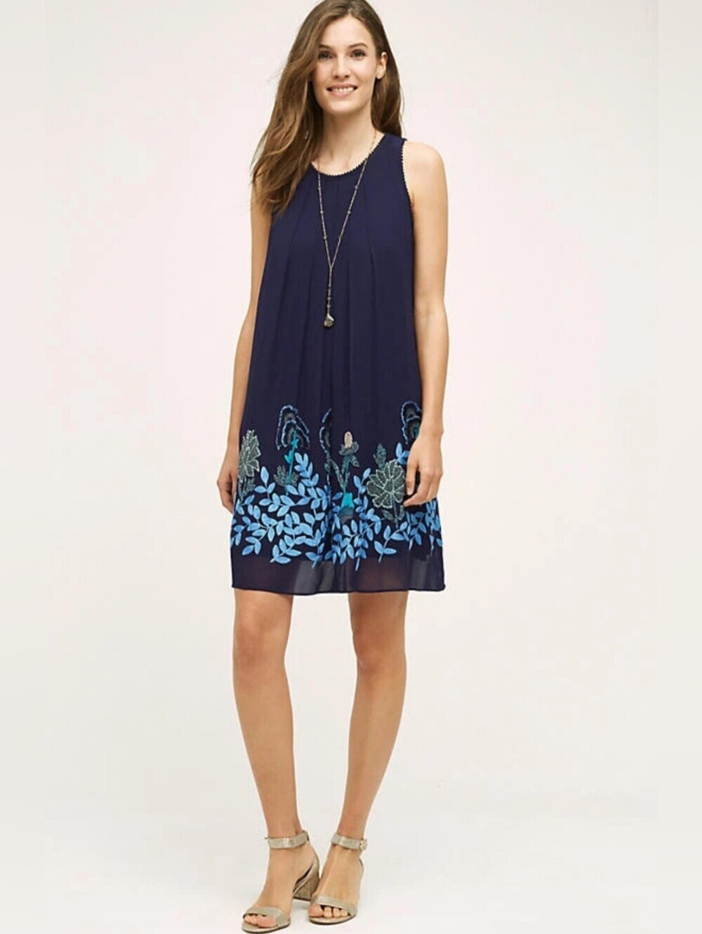 Anthropologie Woodvine Swing Dress Blue Embroidered Floral Sleeveless Boho
